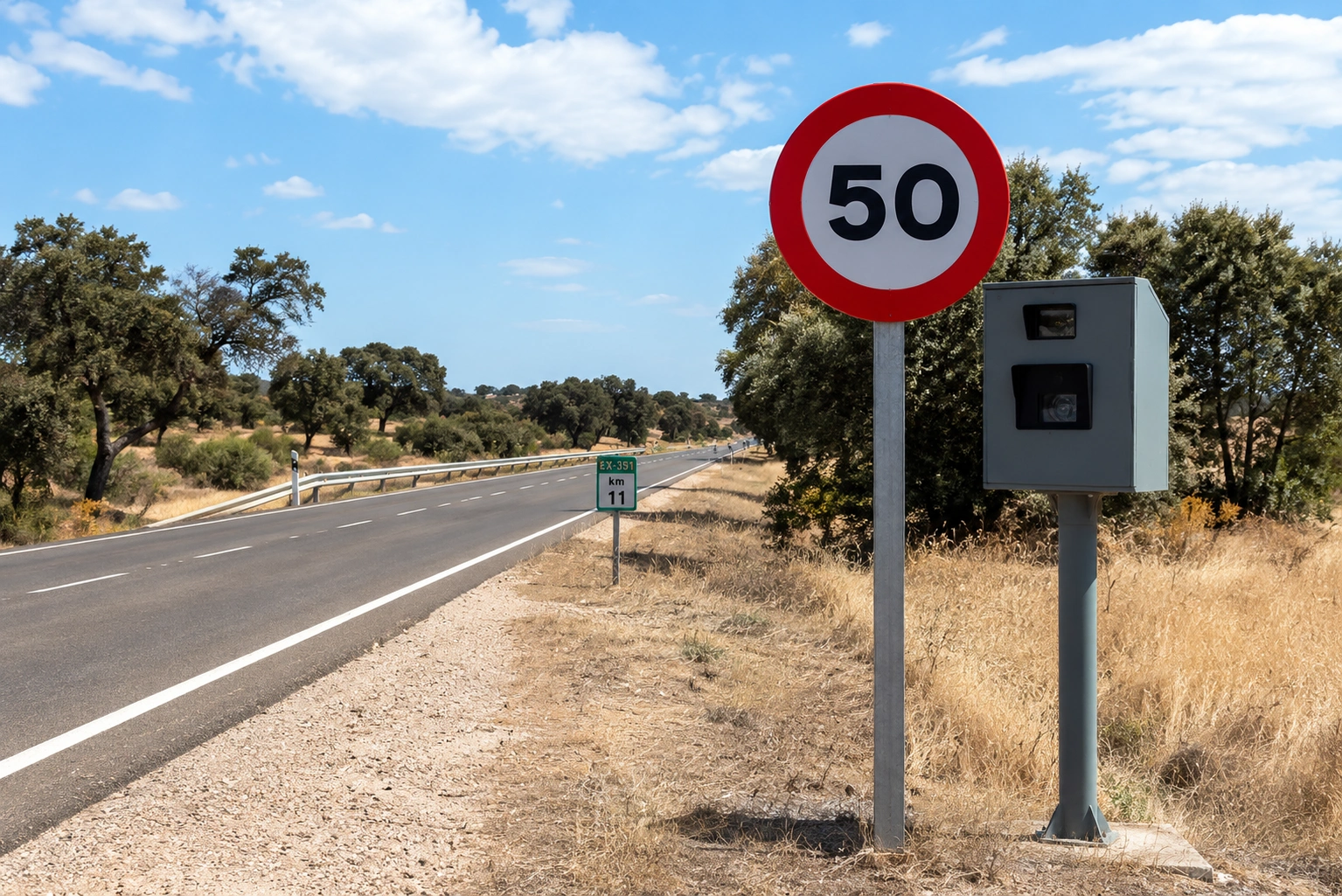 Carretera autonómica EX-351 con señal de velocidad máxima 50 km/h y radar para recurrir multa