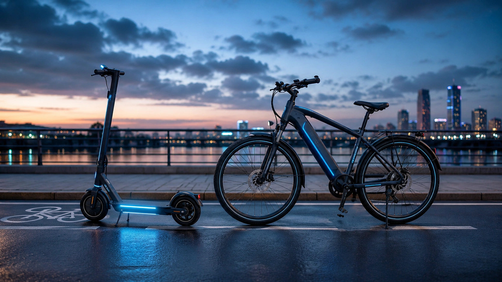 Patinete eléctrico moderno en carril bici urbano para defensa de multas VMP