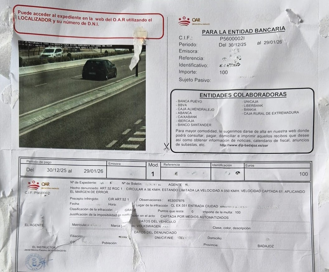 Notificación de sanción y prueba fotográfica para aprender cómo recurrir una multa de radar en la carretera EX-351