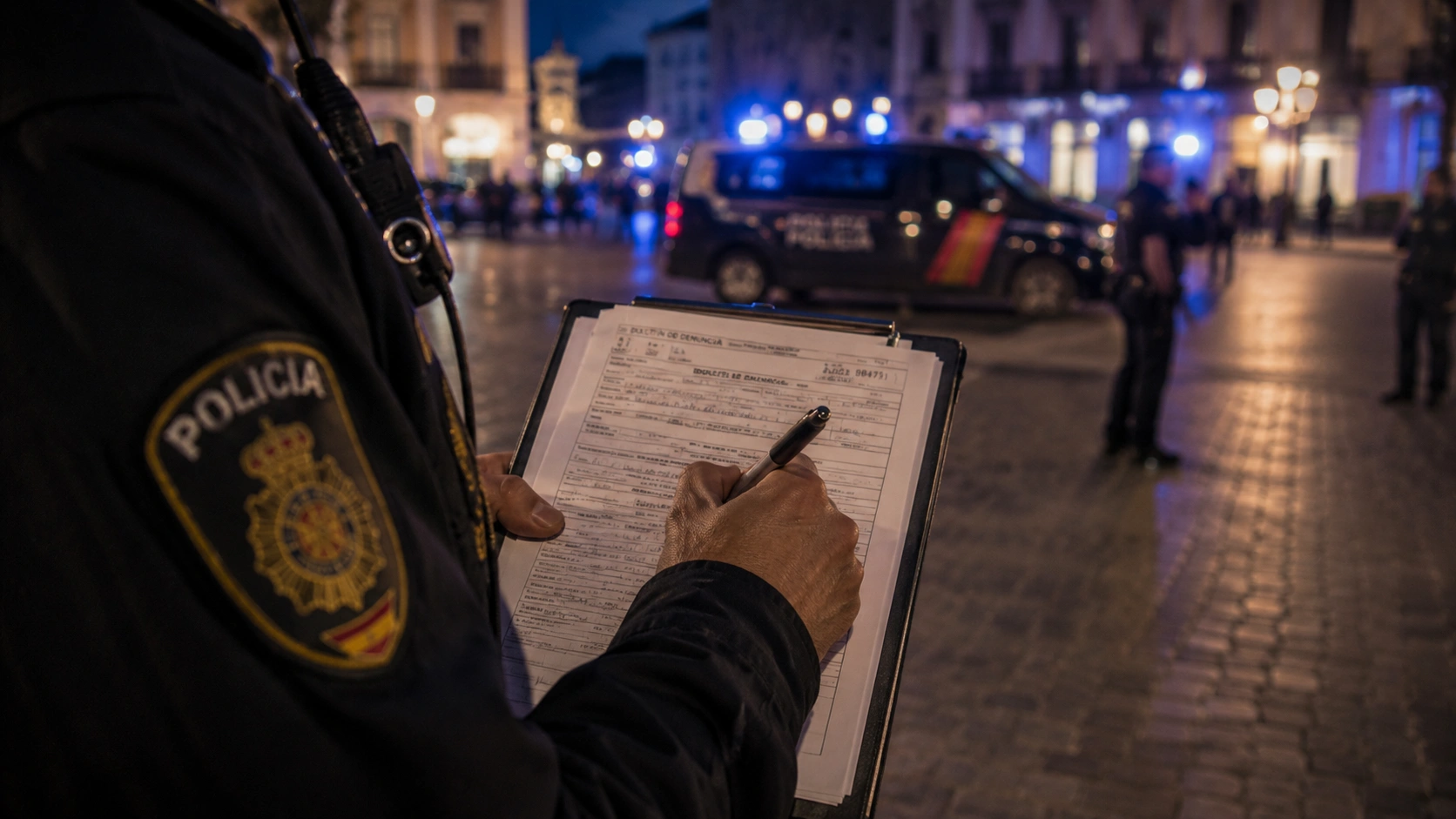 Agente de policía redactando un acta de denuncia por la Ley de Seguridad Ciudadana en vía pública