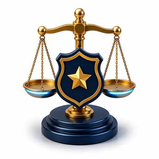 Ilustración 3D de la balanza de la justicia y escudo policial que simboliza el conocimiento interno de las fuerzas de seguridad