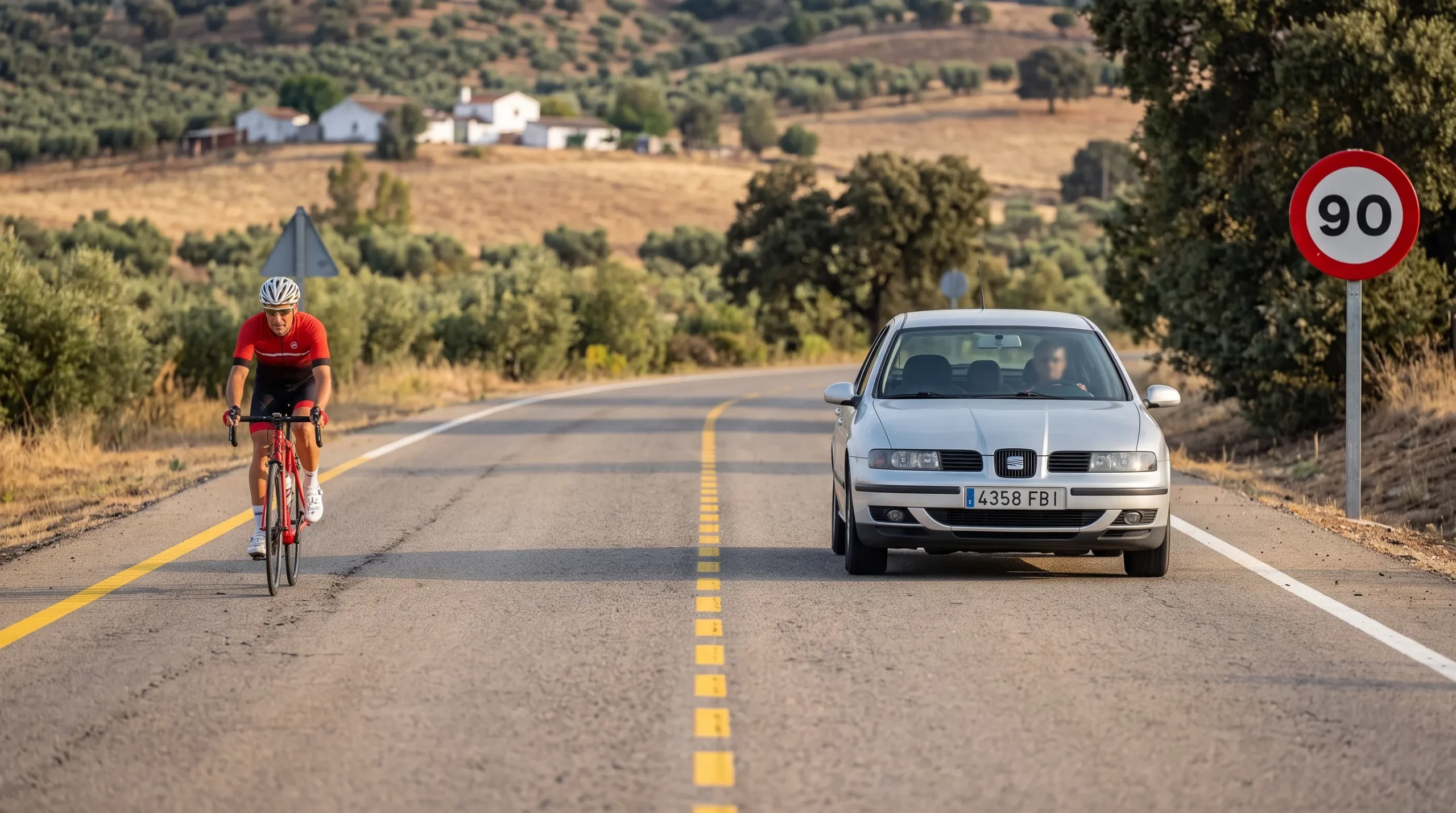Coche cambiando de carril y reduciendo velocidad para adelantar a un ciclista en carretera