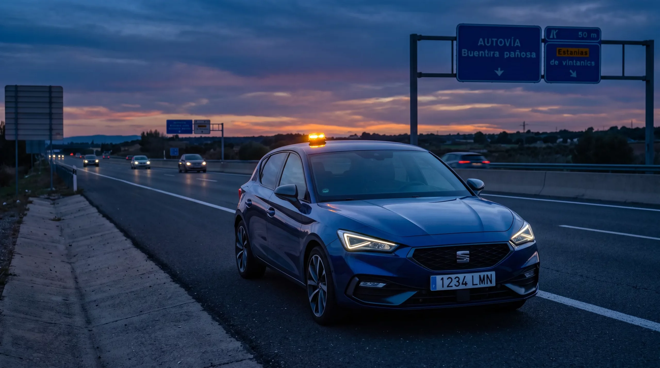 Baliza V16 luminosa conectada con DGT 3.0 emitiendo luz sobre el techo de un coche