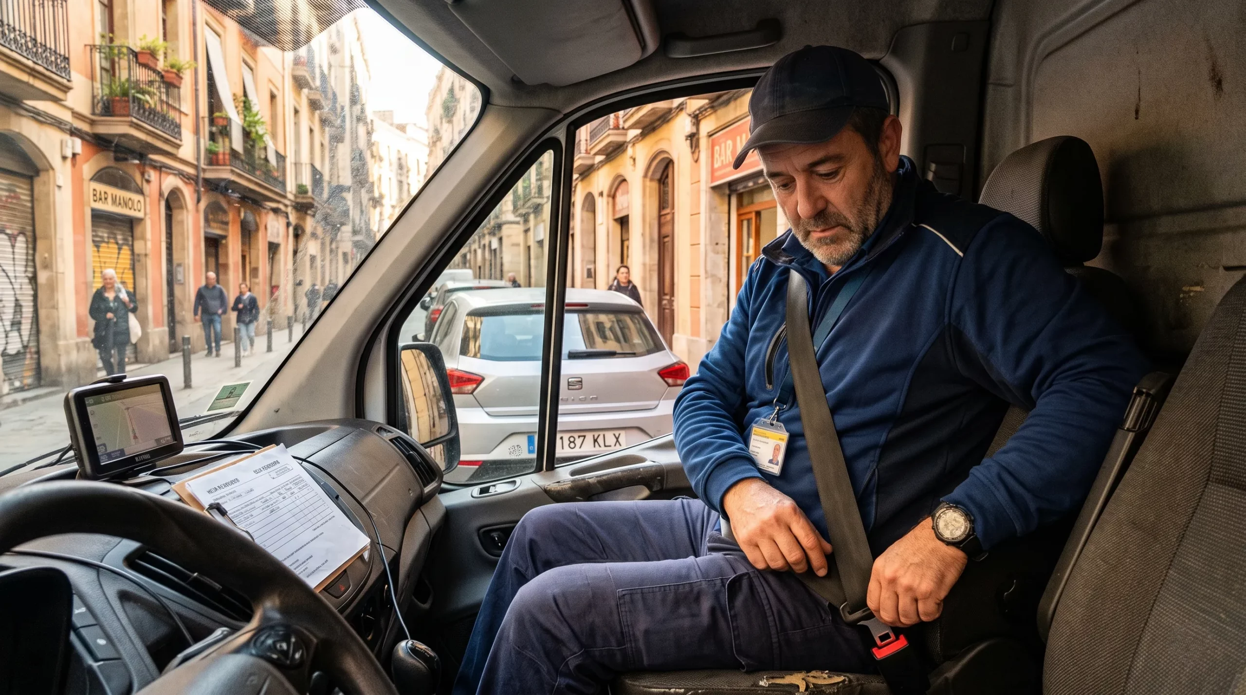 Conductor de reparto abrochándose el cinturón obligatorio en ciudad