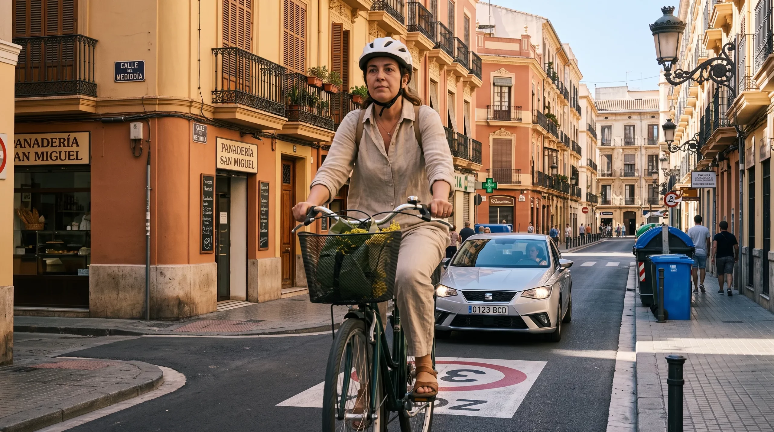 Vehículo manteniendo 5 metros de distancia de seguridad detrás de una bicicleta en ciudad