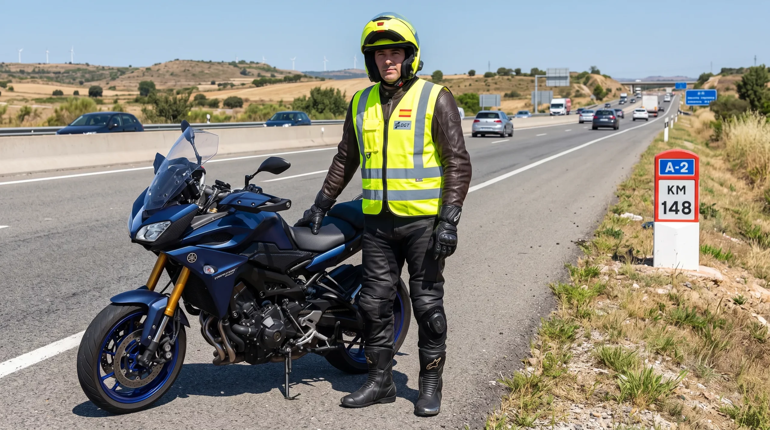 Motorista equipado con guantes homologados, calzado cerrado y chaleco reflectante EPI