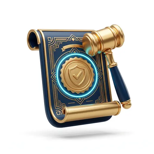 Ilustración 3D de un documento judicial con sello dorado de verificación legal y sentencias ganadas