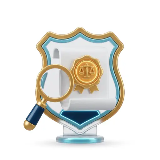 Ilustración 3D de un contrato con sello dorado y lupa que representa la máxima transparencia legal y defensa sin letra pequeña