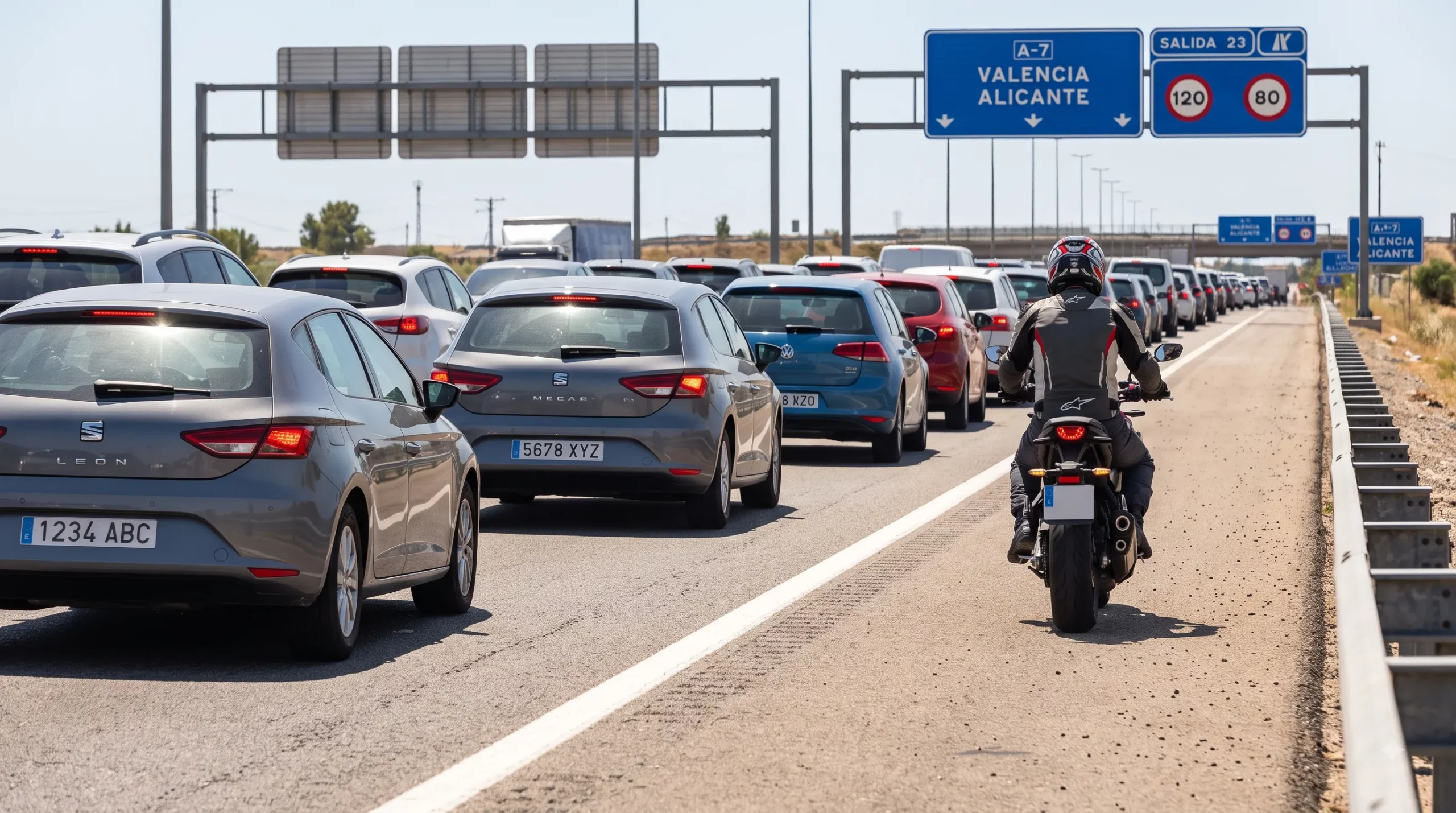 Motocicleta circulando legalmente por el arcén en una retención a 30 km/h