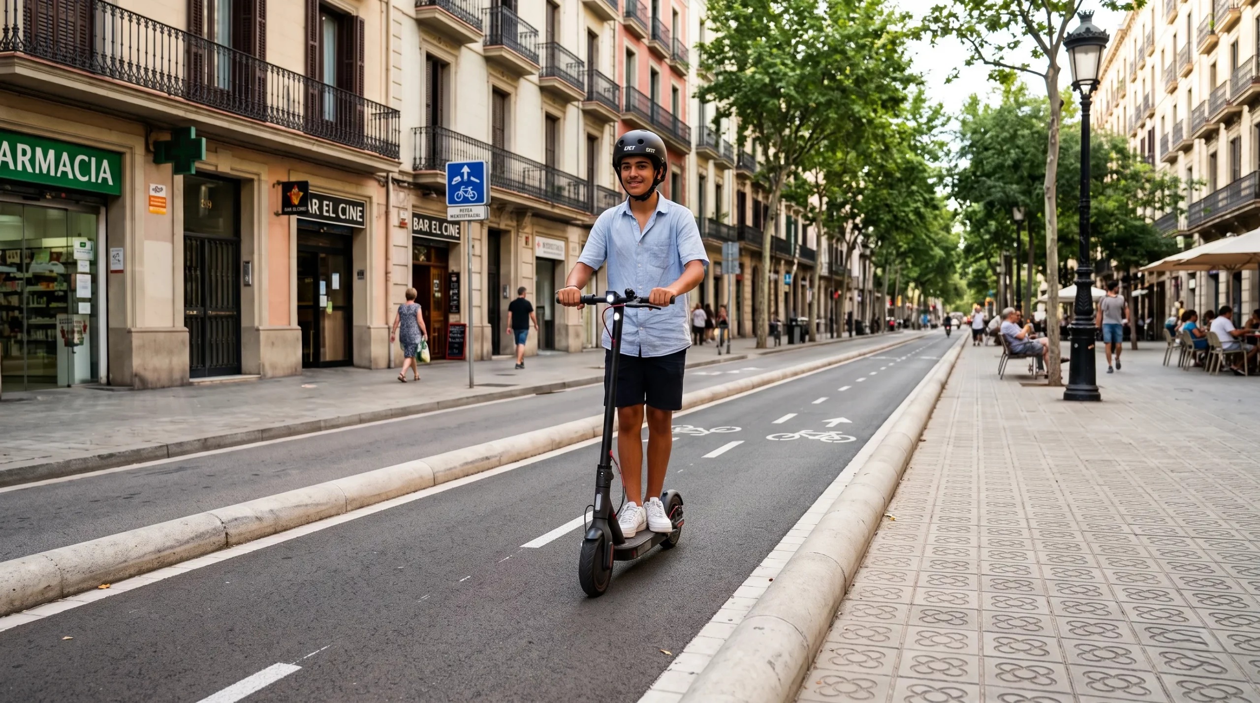 Usuario en patinetes eléctricos con casco obligatorio circulando por carril bici