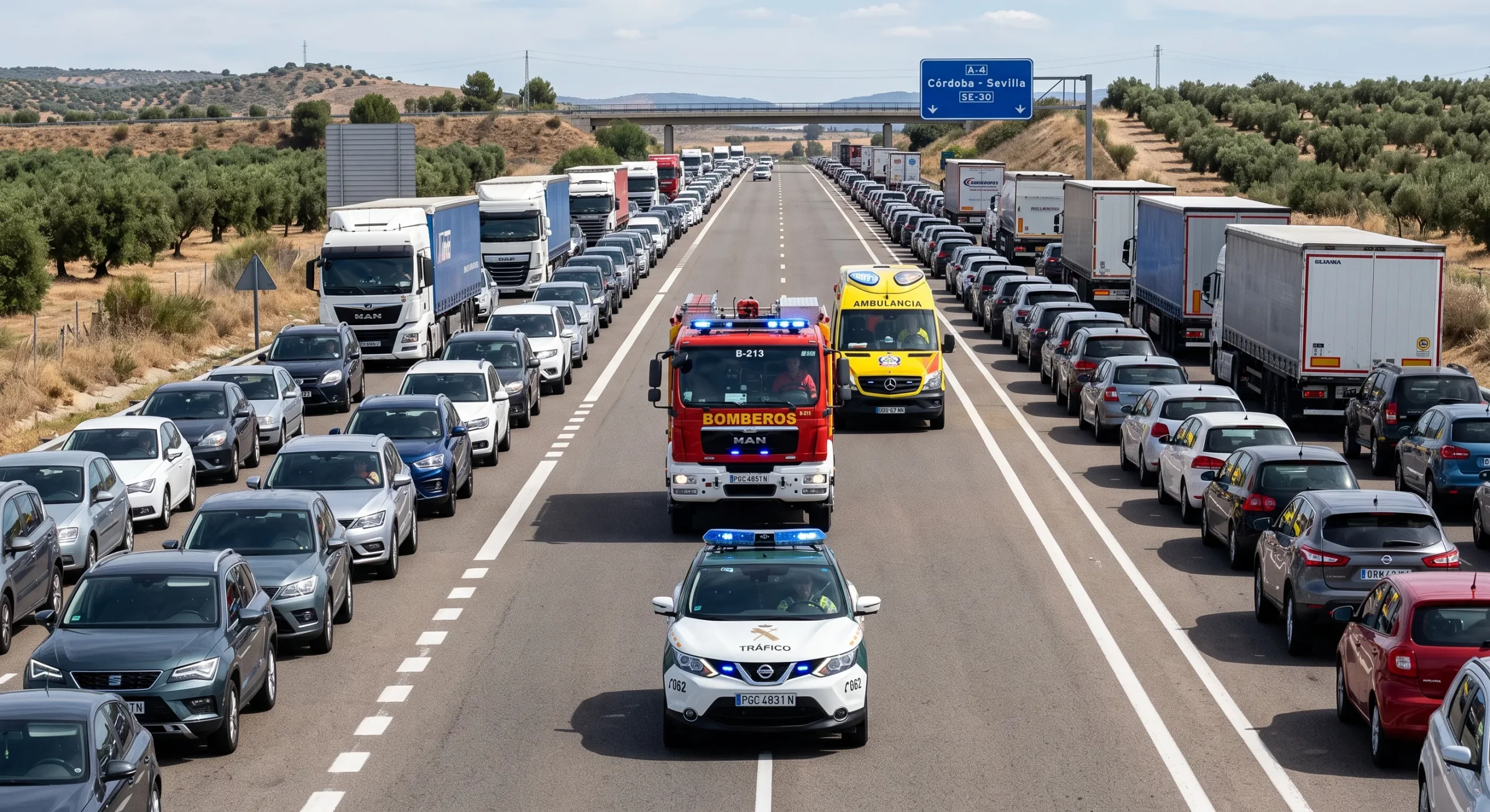 Vehículos orillados a los lados en una autopista creando un corredor central de emergencia