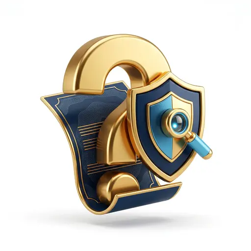 Ilustración 3D de un signo de interrogación dorado y notificación de multa para identificar el tipo de sanción