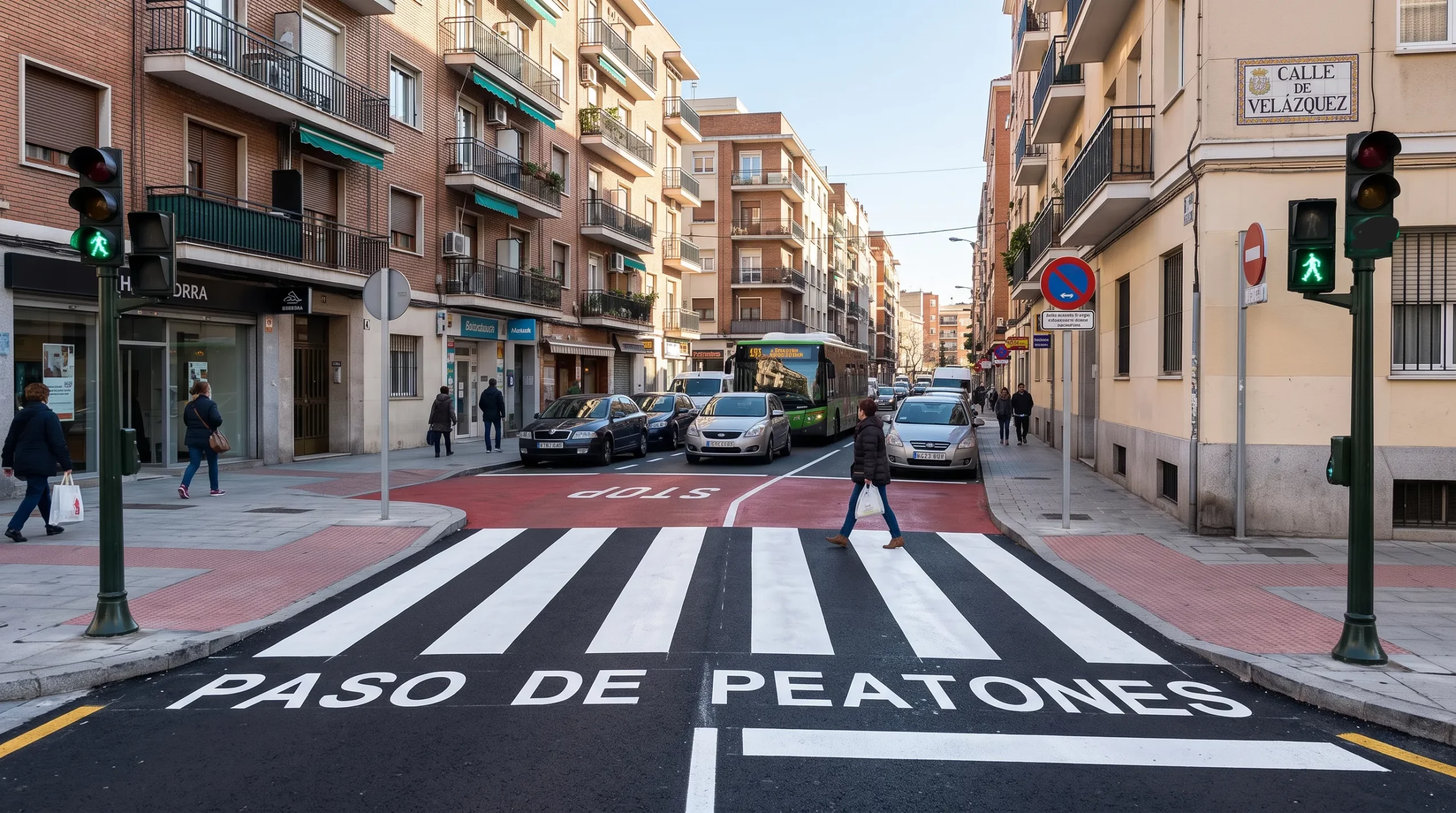 Paso de peatones urbano con semáforo verde y vehículos detenidos