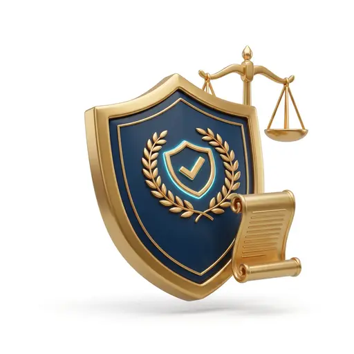 Ilustración 3D de un escudo de defensa jurídica y carta de derechos del conductor frente a multas