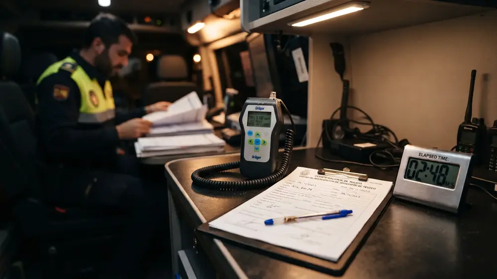 conductor controlando el tiempo de espera de los diez minutos en la segunda prueba de alcoholemia